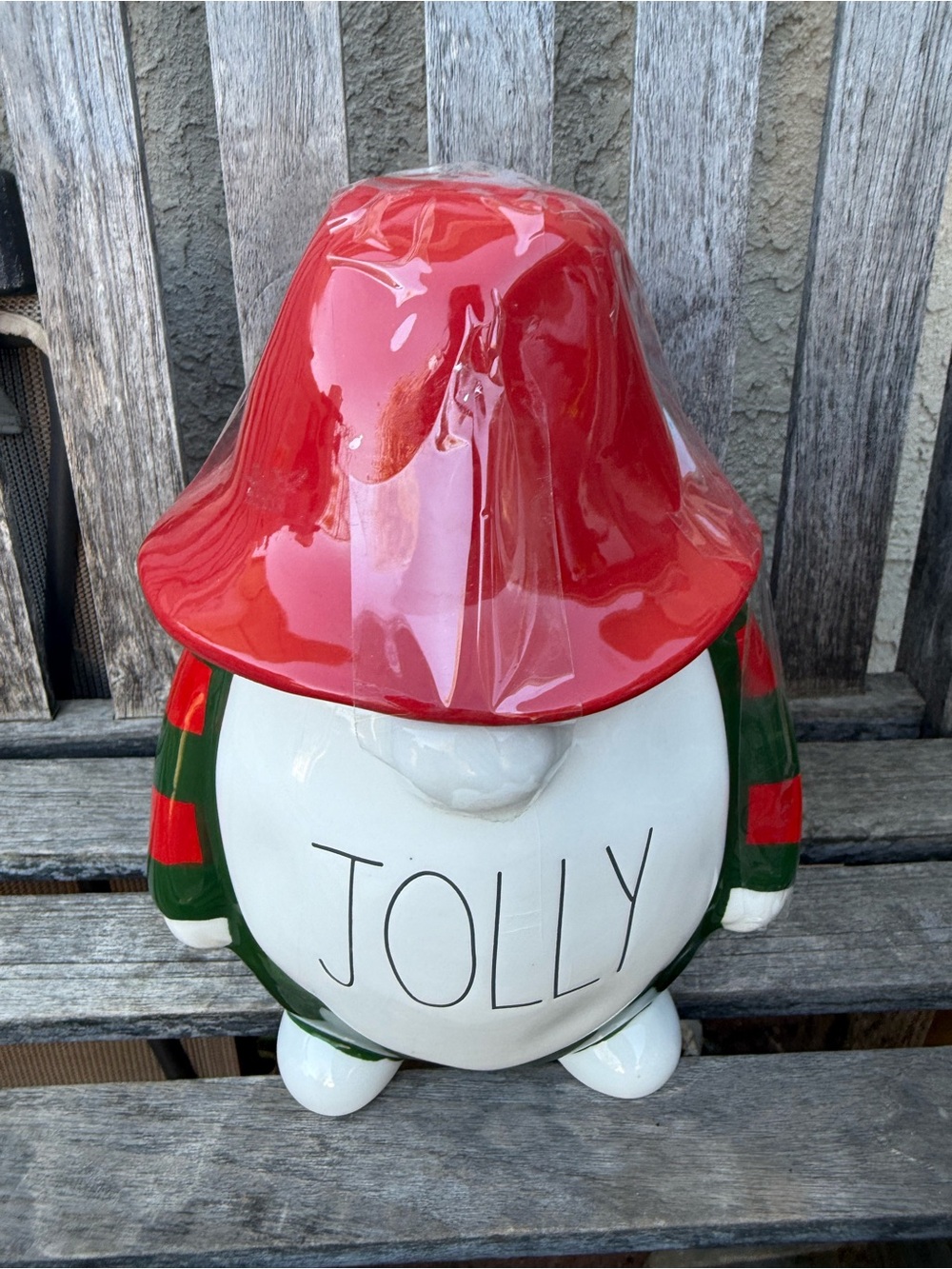 Jolly Ceramic Holiday Gnome Cookie Jar - Red and Green 12”